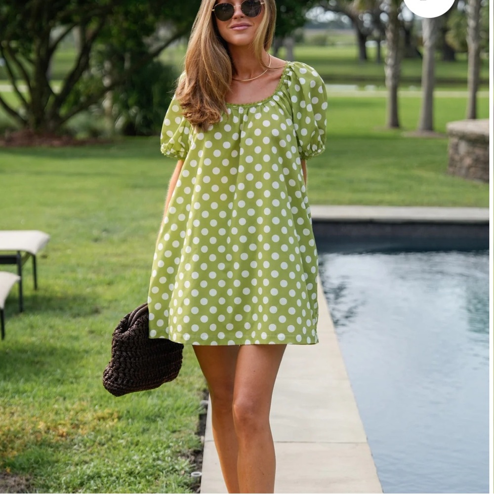 Polka Dot Puff Sleeve Mini Dress - Green